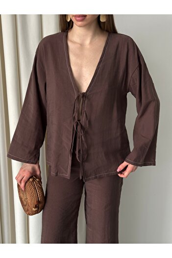 Laluvia Brown Tied Kimono Set - 8567