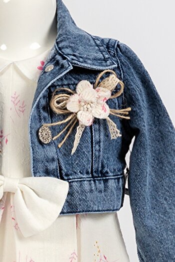 Bebüş Pink Floral Print Baby Girl Dress - Denim Jacket and Top Set 14138