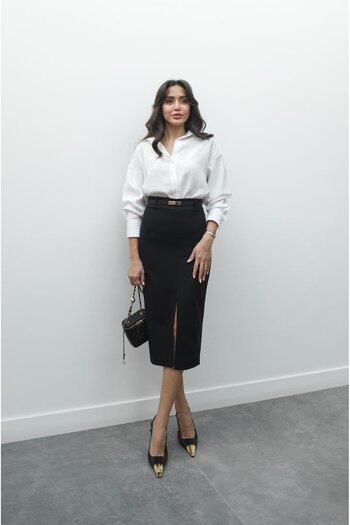 Havoş Black Front Slit Pencil Skirt