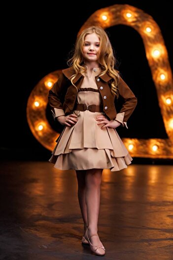 Ribbon kids Κορίτσια Παιδικό υφασμάτινο φόρεμα ζακάρ και δερμάτινο μπουφάν + ζώνη