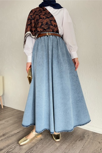 InStyle Beli Lastikli Mavi Kot Etek