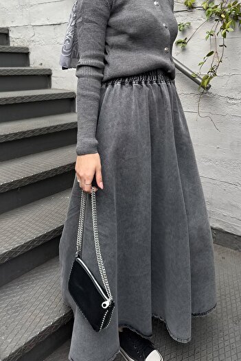 InStyle Beli Lastikli Gri Kot Etek