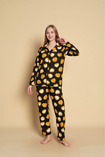 Yerli Kadın Önden Düğmeli Pijama Takımı Garfield baskılı