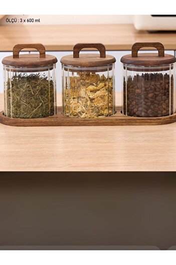 morponi 600 ml Set of 3 Borosilicate Glass Acacia - Spice Rack with Stand and Stripes
