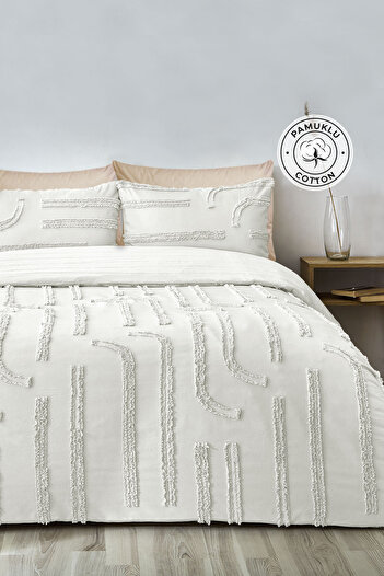Evlen Home Collection Sasha Cotton Embossed Bed Set - Double, 3 Pieces, Padded, Cream White