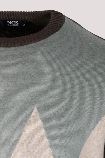 NCS Men's Knitwear Khaki Crew Neck Argyle Slim Fit Cotton Sweater Jeans 3727