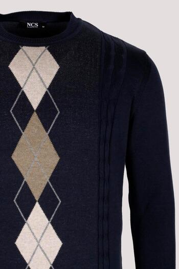 NCS Men's Knitwear Navy Blue Crew Neck Argyle Pattern Slim Fit Cotton Sweater Jeans 3745