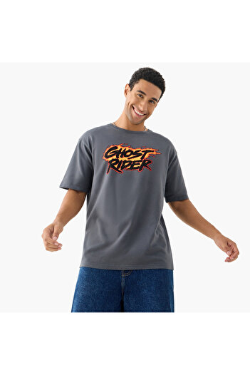 SP Characters Ghost Rider Print Crew Neck T-shirt with Short Sleeves