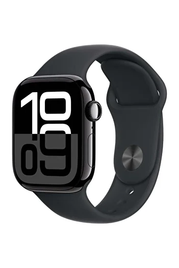 Apple ساعة سيريس 10 جي بي إس 46 مم هيكل من الألومنيوم باللون الأسود مع حزام رياضي باللون الأسود
