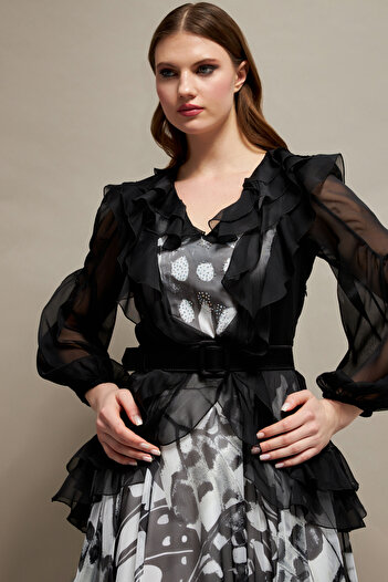 İnce Long Print Silky Chiffon Evening Dress with Ruffle and Stone Detail