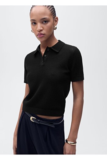 MANGO Woman Pulover cu gât polo din tricot ajurat