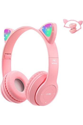AWH Kids Wireless Headphones, Bluetooth Over Ear with Microphone, Cat Ear LED Light, Pink