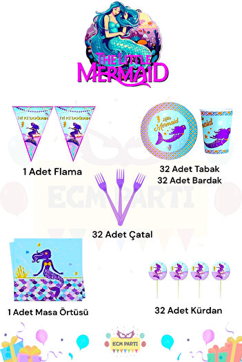 ECM PARTI Mermaid Themed Mini Birthday Party Set for 32 People