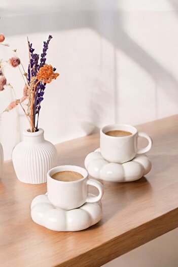 Heredot Mithra Life 95 ml Daisy Shaped White Turkish Coffee Cup Set - 2Pcs Mit1157