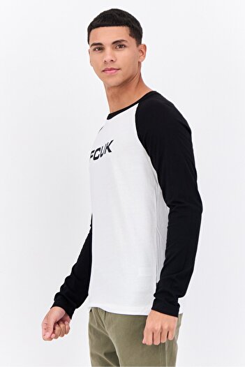 French Connection Men Crew Neck Long Sleeves Brand Logo T-Shirt, White