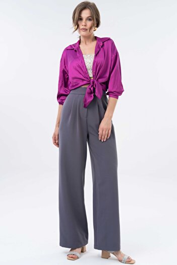 Saade Anthracite High Waist Velcro Closure Double Pleat Woven Palazzo Pants