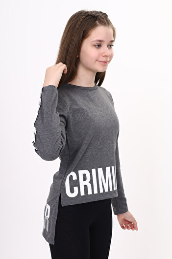 Toontoy Girl's Criminal Printed Two-Sleeve Stripe T-Shirt