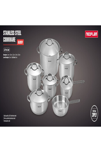 NEOFLAM ,Stainless Steel Cookware Set13pcs,3 Ply(18/10Pots18,20,22,24,30LowPot26cm+Fry24cm)Glossy
