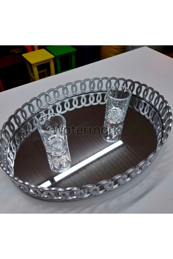 ASYA PAZARLAMA Silver Color Mirrored Oval Tea Coffee Presentation Tray - Luxury Tray