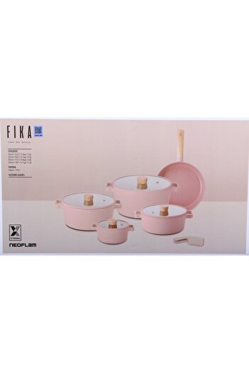 NEOFLAM FIKA ,Cooking Set11pcs,Pots16,22,24,26cm,Glass Lid+Fry24cm)Induction,Non stick,Mini peach Color