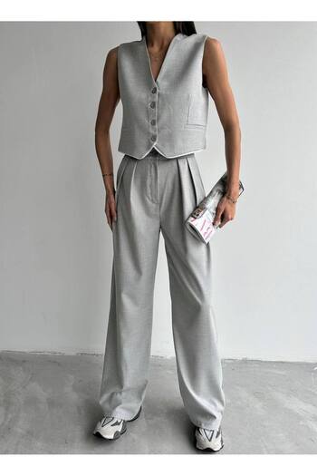 owwon Women's Gray Double Vest Pants Bottom Top Set