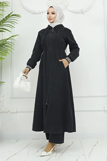 Modamihram Smoked Hoodie and Elastic Waist Jeans Set - 19362