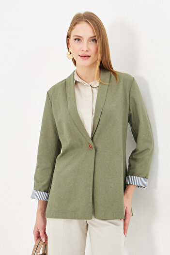 armonika Women's Green Inside-Sleeve Striped Single-Button Jacket ARM-22K001122