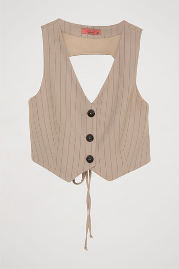 Quzu Beige Colored Striped Low-Cut Back Vest
