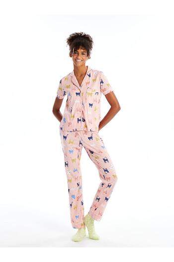LC Waikiki Shirt Collar Pattern Short Sleeve Women's Pajama Suit (W4)