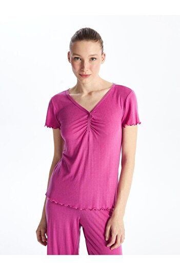 LC Waikiki V-Neck Solid Short Sleeve Women's Capri Pajama Set (S4)