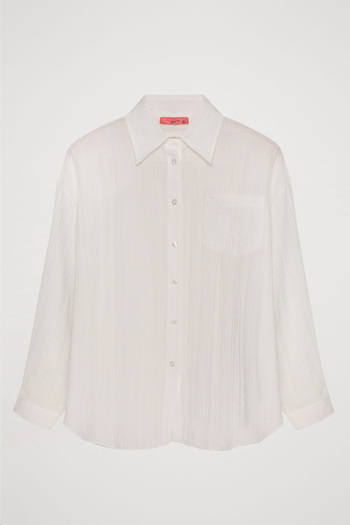Quzu Ecru Color Oversize Textured Shirt - with Pockets