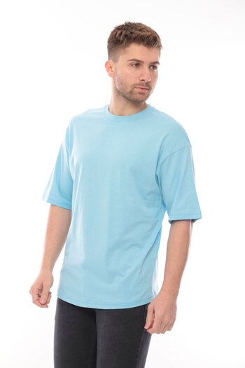 FRANCO RENZO Ανδρικό μπλουζάκι Oversize Fit 100% οργανικό βαμβάκι με χοντρή υφή με λαιμόκοψη BABY BLUE