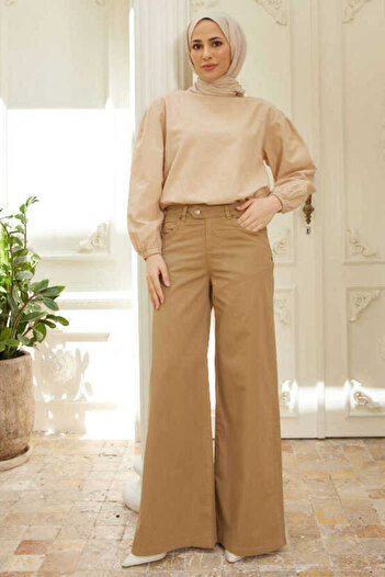 Neways 1067-Denim Wide Leg Trousers Beige