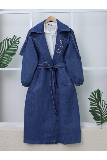 Modamorfo Lace-Up Jeans Trench Coat with Stone Detail on the Front - Blue