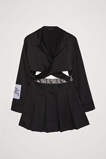 Quzu Black Satin - Cut Out Pleated Mini Dress