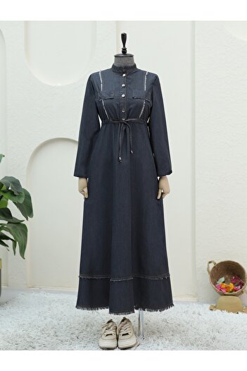 Modamorfo Half Button Tassel Detail Tunnel Lace up Denim Dress -Black