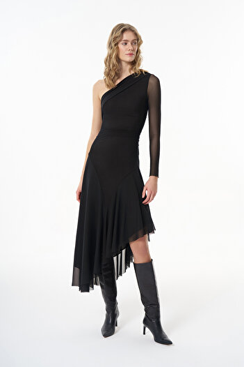 Quzu Μαύρο Midi Tulle Φόρεμα - One Shoulder Flounce