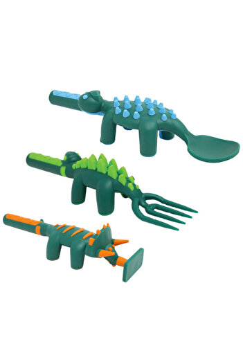Eazy Kids Spoon, Fork & Pusher - Dark Green, Dinosaur, 3Pcs