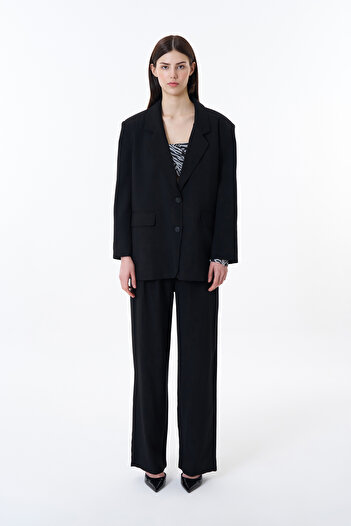Quzu Çift Düğmeli Oversize Blazer Ceket Siyah