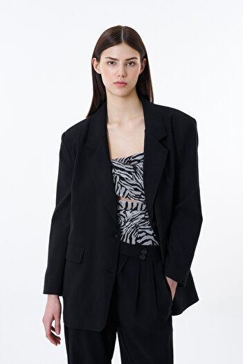 Quzu Çift Düğmeli Oversize Blazer Ceket Siyah