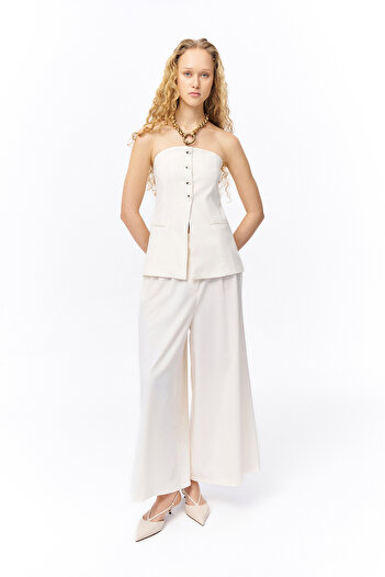 Quzu Ecru Strapless Blouse - Button Detail