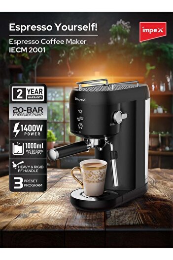 İMPEX ماكينة صنع قهوة الإسبريسو IMPEX 20 بار 1 لتر 3 برامج محددة مسبقًا إسبريسو 1400 وات IECM 2001