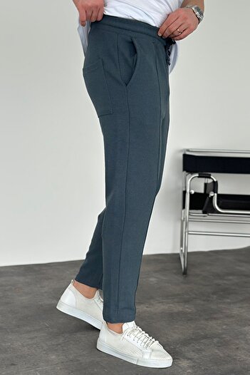 MADZEYMODA Erkek Waffle Kumaş Boyfriend Jogger - Petrol Mavi, Еластичний пояс