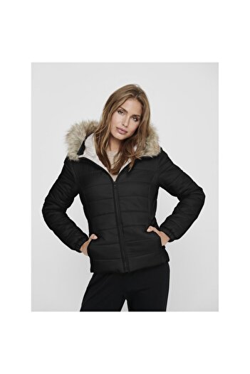 ONLY Γυναικείο Μαύρο Παλτό Onldogukan Hood Fur Padded 15231669 -μαύρο