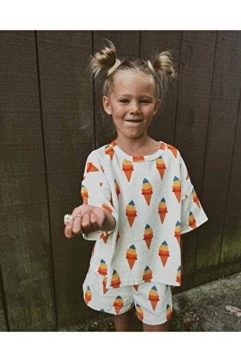 Magu Ice Cream Patterned Oversize Children's Shorts Cotton T-Shirt Set