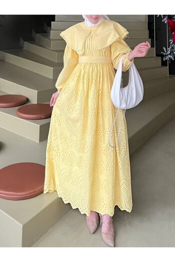 Modamorfo Yellow Lace Detailed Cape Collar Dress