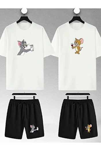 Boi Tom and Jerry Printed Unisex Oversize T-Shirt and Shorts Set - Lover Couple Combo, Set of 4