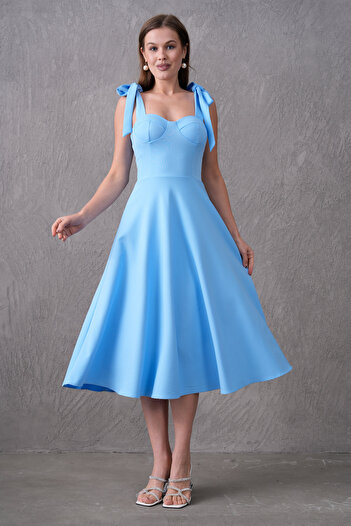4S1B FASHION Rochie Midi albastră - Atlas Fabric Gât inimă Detaliu curea cu șireturi 166