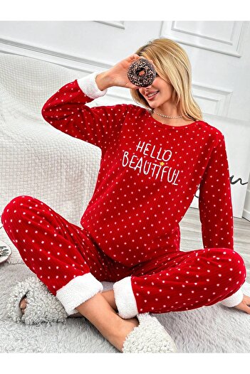 Loomiro Ribbed Fleece Embroidery Detailed Legs Wellsoft Women's Pajama Set Lmr003