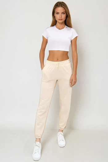 VAGGON Women's Light Beige Basic Sweatpants with Elastic Waist and Legs Vgn-X5902